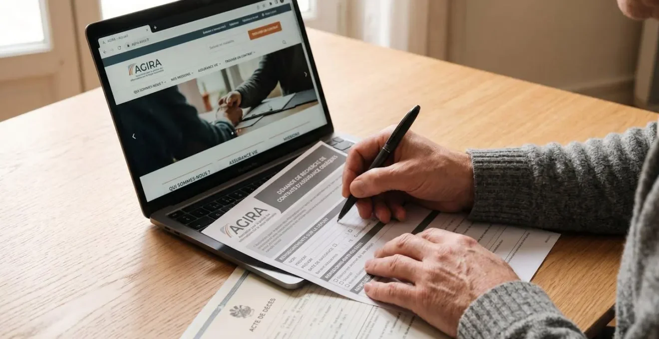 Mains remplissant formulaire AGIRA avec ordinateur affichant le site officiel et certificat de décès sur table