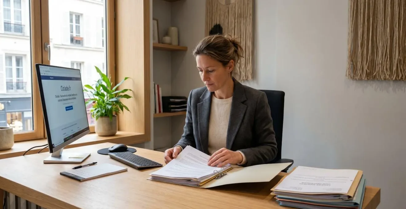 Notaire dans son bureau consultant un dossier succession avec interface Ciclade affichée sur écran d'ordinateur