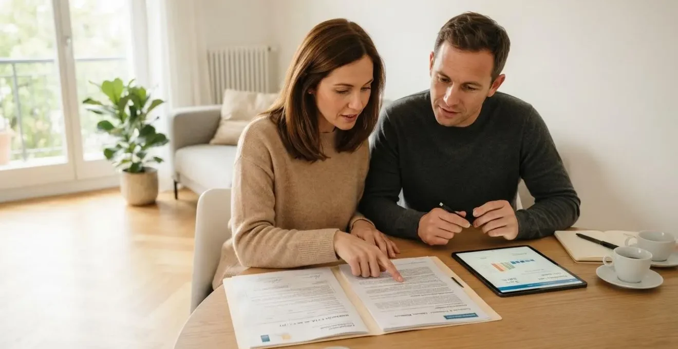 Couple de 35-40 ans assis à une table ronde en bois clair examinant ensemble des documents d'assurance emprunteur et une simulation sur tablette dans un séjour contemporain lumineux