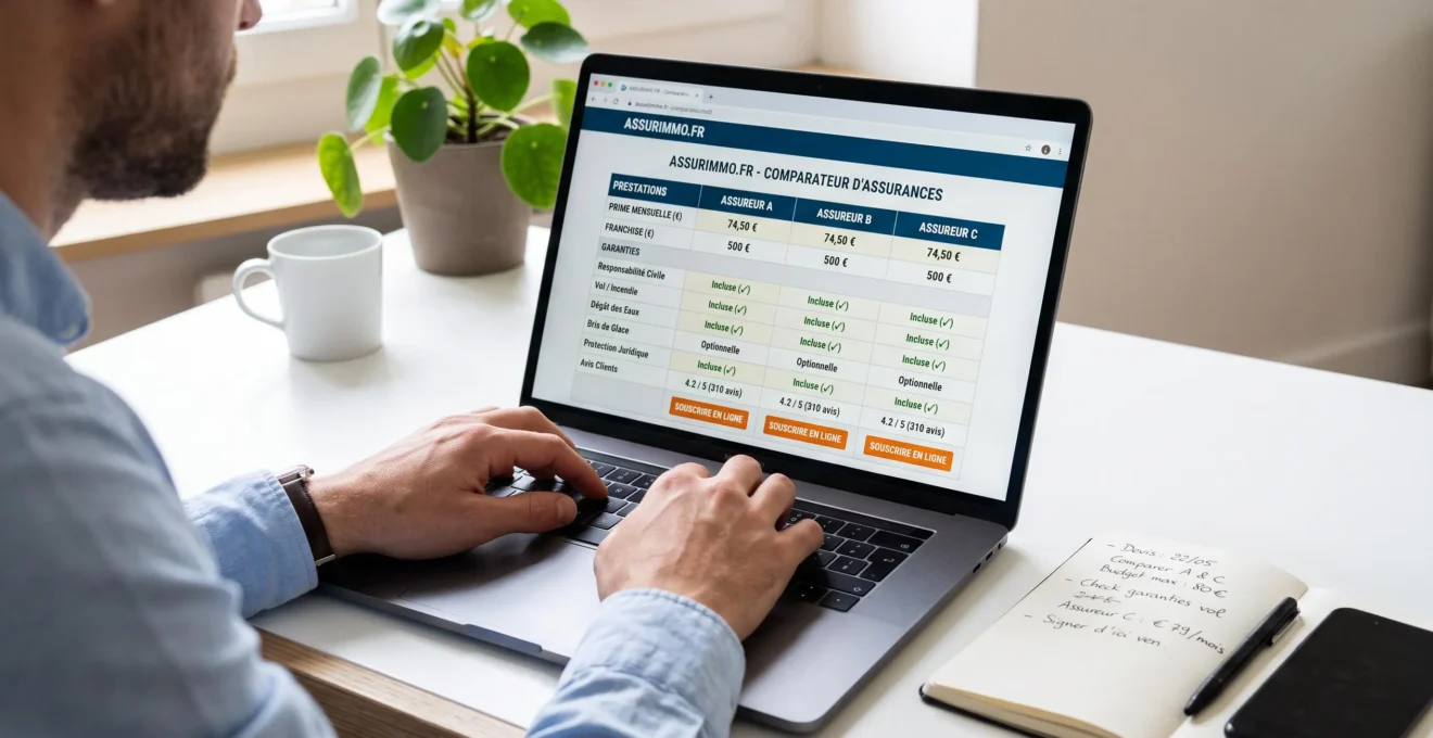 Écran d'ordinateur portable affichant un comparateur d'assurance en ligne avec tableau de comparaison, mains d'homme tapant sur le clavier dans un bureau contemporain lumineux