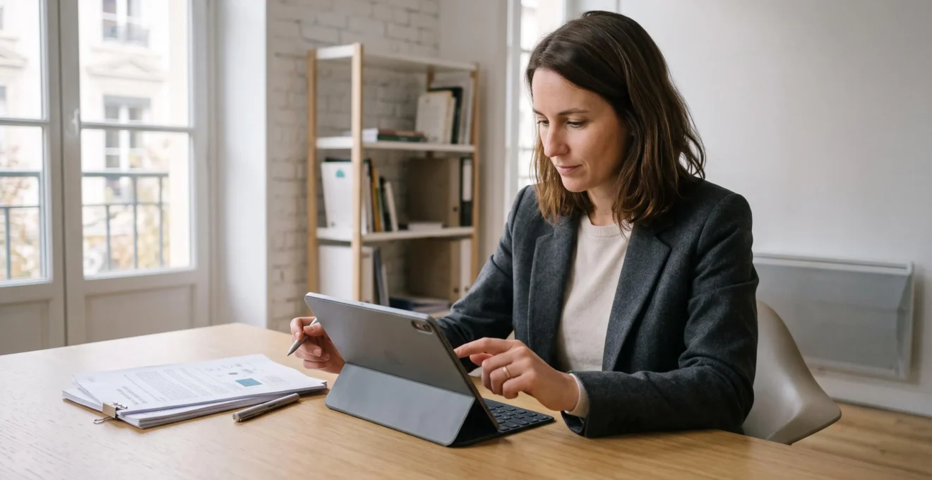 Femme de 35-40 ans consultant une tablette numérique sur un bureau contemporain avec documents contractuels et stylo, dans un intérieur épuré à lumière naturelle