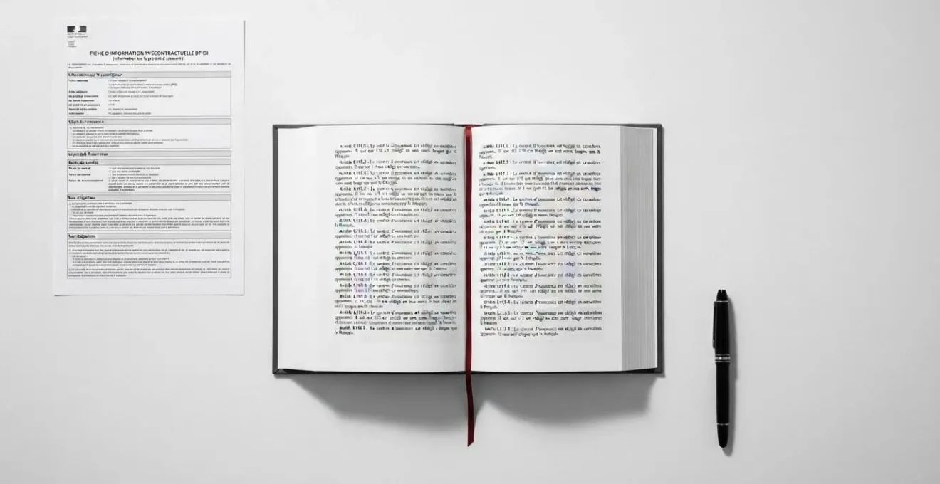 Vue plongeante sur un bureau blanc avec Code des assurances français ouvert montrant les articles L112 et L113, document IPID et stylo plume noir alignés selon une composition orthogonale rigoureuse
