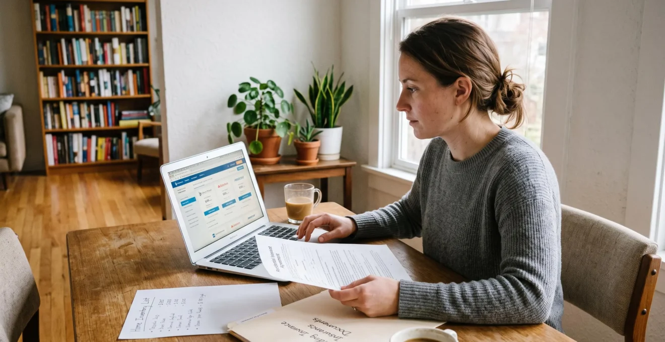Une personne compare des offres d'assurance habitation sur un ordinateur portable à une table, entourée de documents résidentiels.