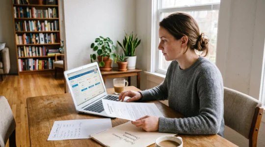 Une personne compare des offres d'assurance habitation sur un ordinateur portable à une table, entourée de documents résidentiels.