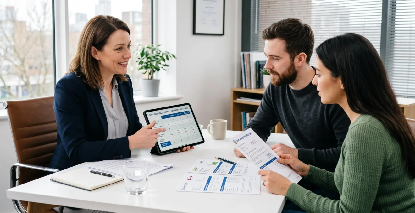 Une conseillère en assurance discute des options de couverture avec un couple de clients, documents et tablette sur le bureau.