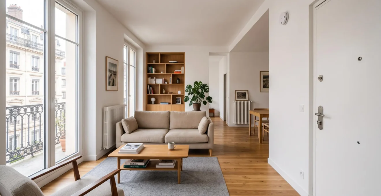 Intérieur lumineux d'un appartement moderne avec éléments de sécurité visibles comme détecteur de fumée et porte sécurisée.